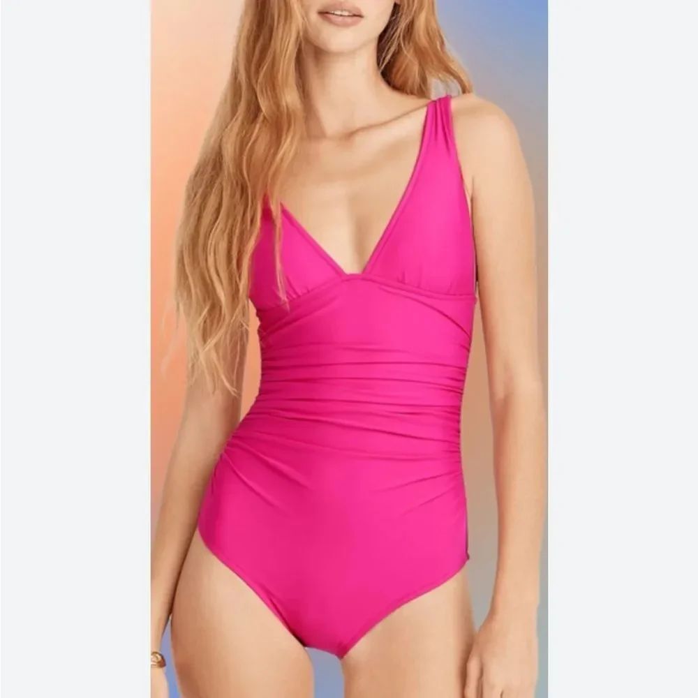 J. Crew Magenta Plunging V-Neck Wide Straps Lined 1-Piece Swimsuit